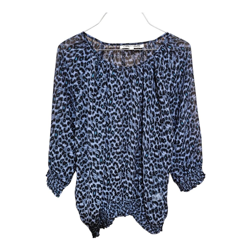 Annabella Womens Leopard Print Sheer Top Sz Medium Mob Wife Career Smocked Waist